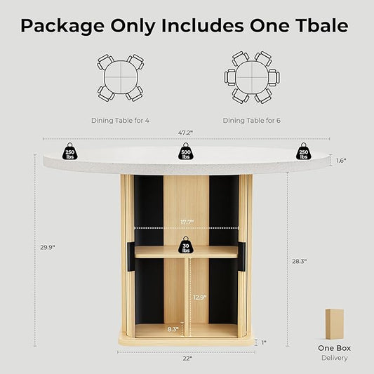 IRONCK 47 Inch Round Dining Table for 4, Modern Farmhouse Kitchen Table with Storage Shelf and Quartz Top, Circle Dinner Table with Wooden Base and Wood Slide Doors for Kitchen Dining Room, Oak