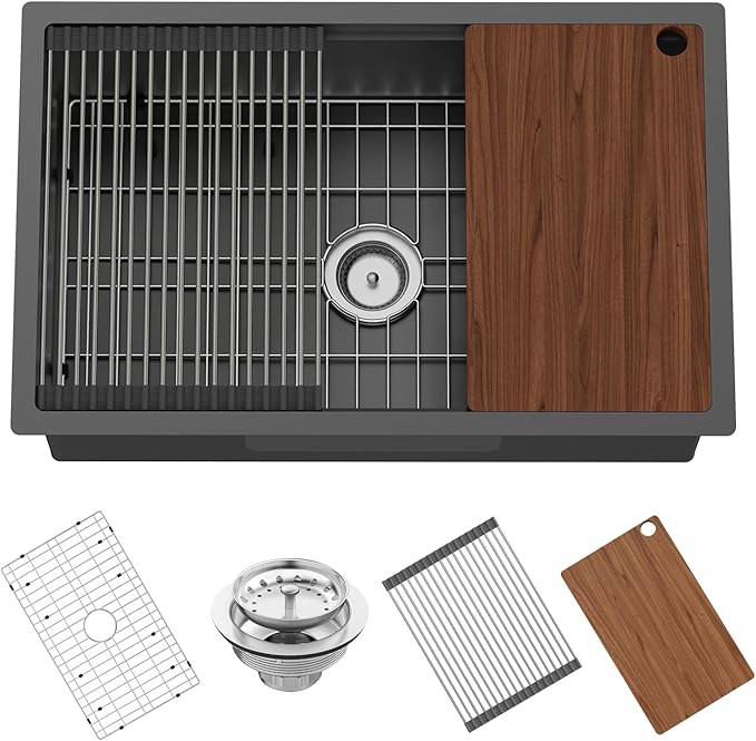 Black Kitchen Sink Workstation,30"x19" Stainless Steel Undermount Single Bowl Kitchen Sink Built-in Ledge Drop In Workstation Sink For Placing/Sliding Accessories-Cutting Board,Drying Rack