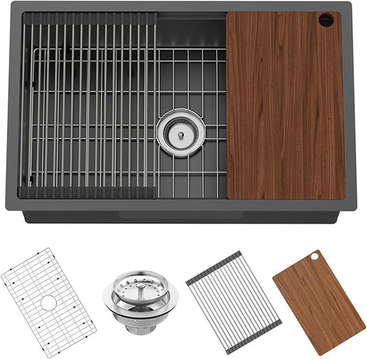 Black Kitchen Sink Workstation,30"x19" Stainless Steel Undermount Single Bowl Kitchen Sink Built-in Ledge Drop In Workstation Sink For Placing/Sliding Accessories-Cutting Board,Drying Rack