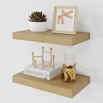 Acovy 16 Inch Floating Shelves, 9.3" Deep Floating Shelf Wall Mounted, 16" Wall Shelves, Rustic Deep Bookshelf, Large Display Shelves & Storage Shelves for Bedroom, Living Room, Oak, Set of 2