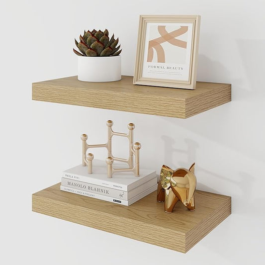 Acovy 16 Inch Floating Shelves, 9.3" Deep Floating Shelf Wall Mounted, 16" Wall Shelves, Rustic Deep Bookshelf, Large Display Shelves & Storage Shelves for Bedroom, Living Room, Oak, Set of 2
