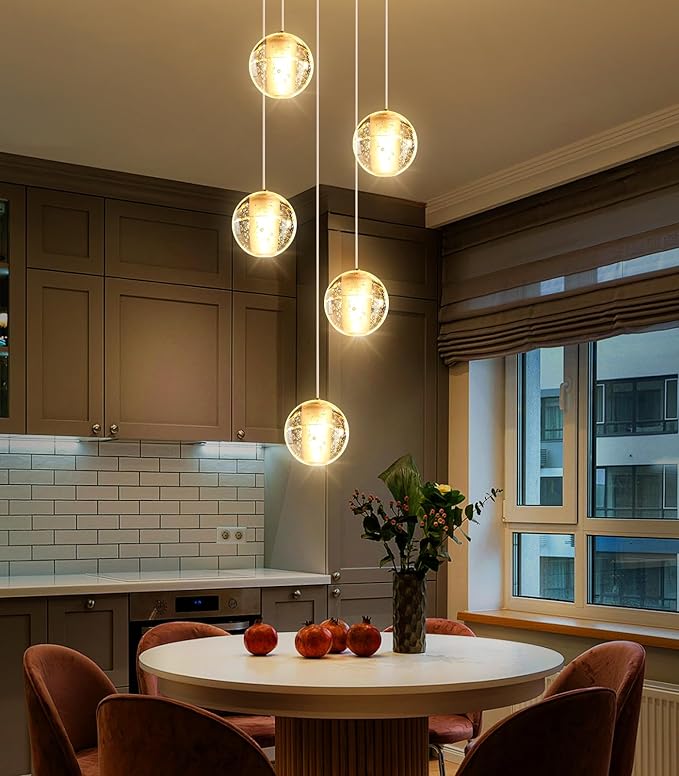 HAIXIANG 5 Lights Globe Chandelier Modern Crystal Glam Light LED Warm Light Pendant Lights for Dining Room Kitchen Island Antique Gold Lighting Fixture