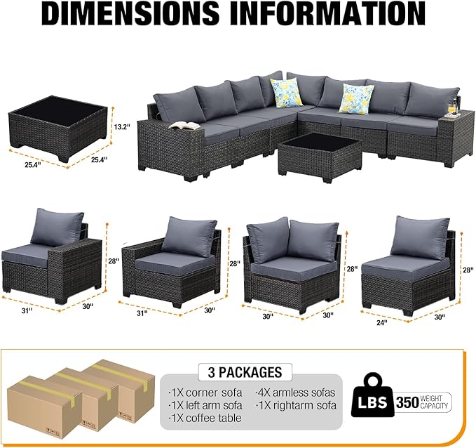 JOYURE 8 Pieces Patio Furniture Set All-Weather Outdoor Wicker Sectional Conversation Sofa Rattan Patio Seating Sofa with Cushion and Glass Table for Porch Poolside,Grey