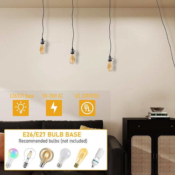 DITEDY 3-Light Plug in Pendant Light Kit, Hanging Lights with Plug in Cord 21FT Hanging Lamp Cord with On/Off Switch, DIY Vintage Black Pendant Lamp E26 Socket for Bedroom Kitchen Island
