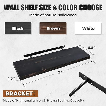 24"x6.8"x1.2" Solid Wood Floating Shelves 2-Pack - Rustic Black Finish with Hidden Brackets, Perfect for Storage and Décor in Living Room, Kitchen, Bedroom