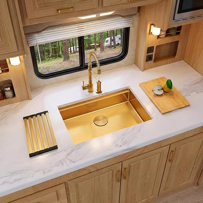Gold Kitchen Sink Undermount 23 Inch,16 Guage Stainless Steel Workstation Sinks with Ledge & Accessories, 23" x 18" x 6" ADA-Compliant Single Bowl Small Kitchen Sink, 6 Inch Deep Gold Sink