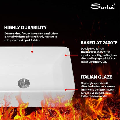 Sarlai 33 White Farmhouse Sink - 33x20 Inch Kitchen Sink Apron Front Ceramic Porcelain Vitreous Fireclay Single Bowl Farmer Sinks Basin