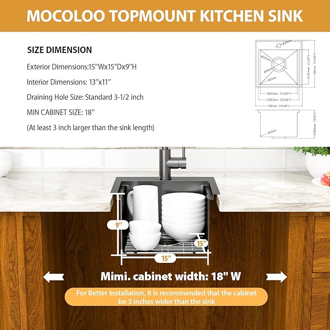 Mocoloo 15 Inch Black Bar Sink with Faucet, 16 Gauge Drop in Workstation Sink - 15x15x9" Stainless Steel Single Bowl Small Rv Kitchen Sink with Pull-Out Faucet