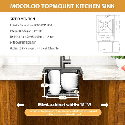 Mocoloo 15 Inch Black Bar Sink with Faucet, 16 Gauge Drop in Workstation Sink - 15x15x9" Stainless Steel Single Bowl Small Rv Kitchen Sink with Pull-Out Faucet