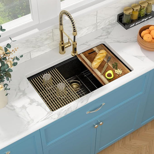 Sarlai 32 Granite Composite Kitchen Sink - 32"x19" Black Undermount Kitchen Sink Ledge Workstation Matte Black Granite Quartz Composite Under-Mount Single Bowl Sinks Basin with Gold Accessories