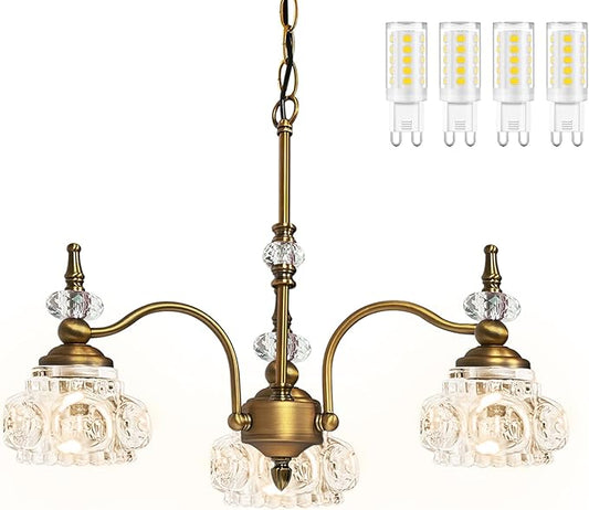 Montex Brass Pendant Light,Gold Vintage Chandelier Light Fixture 3 Lights,Include 4 Light Bulbs Glass Pendant Light Crystal Hanging Light
