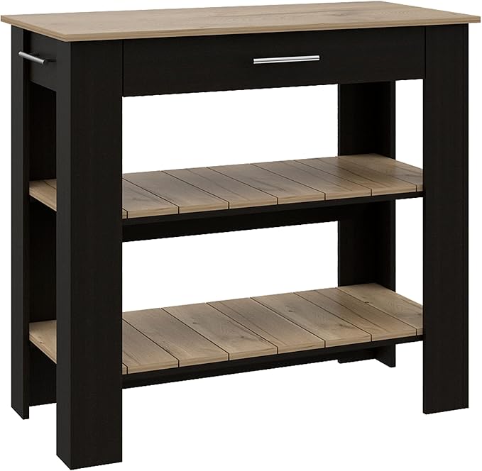 GOWE Kitchen Island 37" H, Two Open Storage Shelves, One Drawer, Four Legs,Towel Hanger, Black/Light Oak