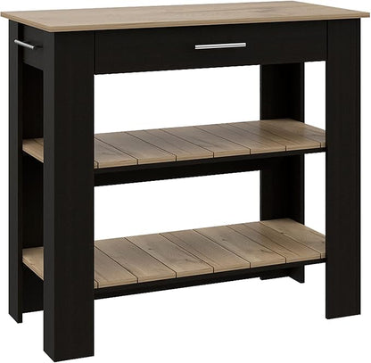 GOWE Kitchen Island 37" H, Two Open Storage Shelves, One Drawer, Four Legs,Towel Hanger, Black/Light Oak