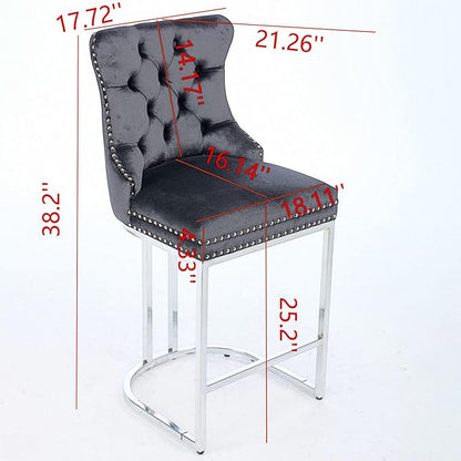 26" Counter Height Bar Stools Set of 2, Gray Velvet Upholstered Kitchen Island Chairs with Button Back, Rivet Trim, Sturdy Chromed Metal Base, Ergonomic High Back for Dining Room