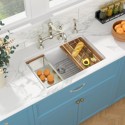 Sarlai 30 Granite Composite Kitchen Sink - 30 x 19 Inch Granite Undermount Kitchen Sink Ledge Workstation Under-Mount White Quartz Classic Single Bowl Sinks Under Counter Basin