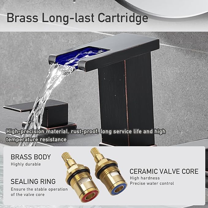AVSIILE LED Bathroom Faucet 3 Hole, Oil Rubbed Bronze Waterfall Bathroom Faucets, 8 Inch Widespread Modern Bathroom Sink Faucet & Parts, Wide Spread Touch On Three Hole 2 Handle Bathroom Vanity Faucet