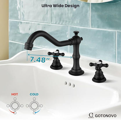 gotonovo Bathroom Faucet 3 Hole 8 Inch Widespread Bathroom Sink Faucet 2 Cross Handles Vintage Lavatory Vanity Mixer Tap with Pop Up Drain, Round Font Label, Matte Black