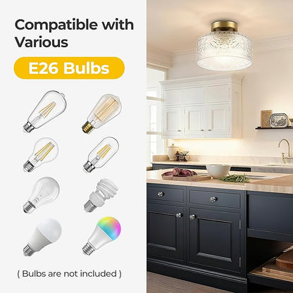 Semi Flush Mount Ceiling Light Gold, Upgraded Larger Vintage Glass Pendant Lamp Shade, Modern Farmhouse Light Fixture for Hallway Corridor Kitchen Entryway Bedroom, Bulb Not Included