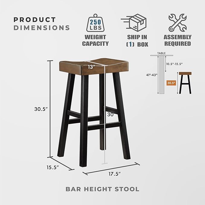 Lexicon Bar Height Bar Stools Set of 2 - Solid Wood Pub Chairs with Footrest, Armless Kitchen Chairs for Island, Living Room, Breakfast Nook, Sturdy, Transitional 30.5" High - Black/Brown