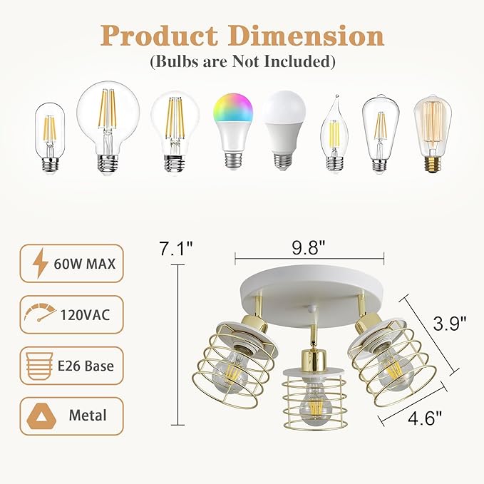 Semi Flush Mount 3-Light Kitchen Ceiling Fixture, Multi-Directional Lights for Kitchen, Farmhouse, Hallway, Dining Room, Entryway (White & Gold)