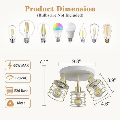 Semi Flush Mount 3-Light Kitchen Ceiling Fixture, Multi-Directional Lights for Kitchen, Farmhouse, Hallway, Dining Room, Entryway (White & Gold)