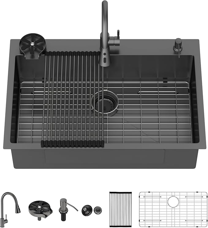 Lordear 33 Inch Drop In Black Kitchen Sink with Faucet Combo - 16 Gauge Stainless Steel 33x22 Single Bowl Black Drop In Kitchen Sink with All Accessories