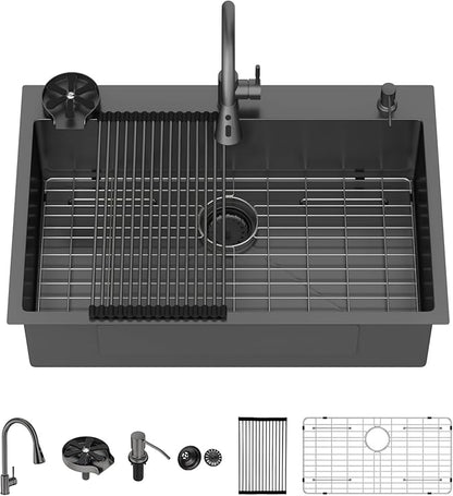 Lordear 33 Inch Drop In Black Kitchen Sink with Faucet Combo - 16 Gauge Stainless Steel 33x22 Single Bowl Black Drop In Kitchen Sink with All Accessories