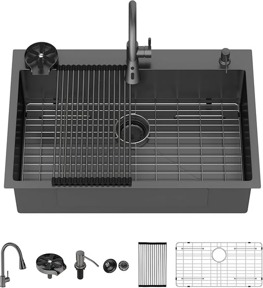 Lordear 33 Inch Drop In Black Kitchen Sink with Faucet Combo - 16 Gauge Stainless Steel 33x22 Single Bowl Black Drop In Kitchen Sink with All Accessories