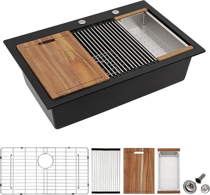 33"x22" Granite Composite Kitchen Sink - Matte Black Ledge Workstation Drop-In Top Mount Quartz Classic Above Counter Single Bowl Basin