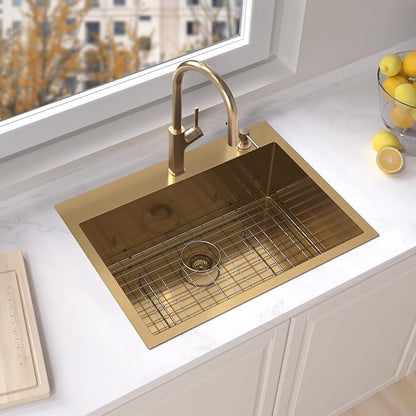 Drop In Kitchen Sink 30 Inch Gold Top Mount Sink 16 Gauge Stainless Steel 2-Hole Deep Single Bowl Kitchen Sinks 30"X22"X10"