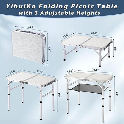 YihuiKo Folding Picnic Table, Small Camping Table with Adjustable Heights, Portable Lightweight Aluminum Side Table for Office, Beach, Garden, Travel