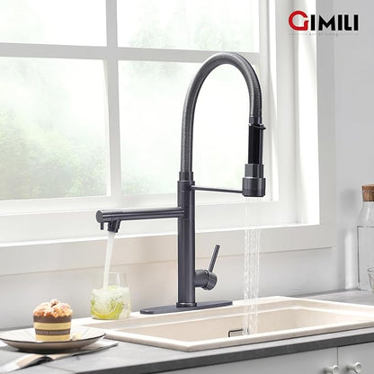 GIMILI Black Stainless Commercial Kitchen Faucet with Pull Down Sprayer Double-Headed Kitchen Faucets with Deck Plate