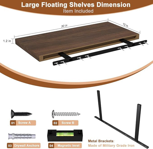 12 Inch Deep Floating Shelves, 30" W x 12" D Wood Floating Shelves for Wall, Large Storage Space Wall Mount Shelf with Invisible Brackets for Living Room Kitchen Bathroom, 1 Pack, Walnut