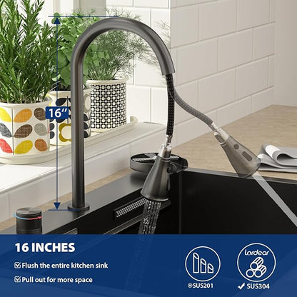 Lordear 33 Drop In Kitchen Sink with Faucet 33x22 Inch Black Waterfall Kitchen Sinks Topmount Stainless Steel 16 Gauge Single Bowl Workstation Smart Sink with Separated Switch Knob