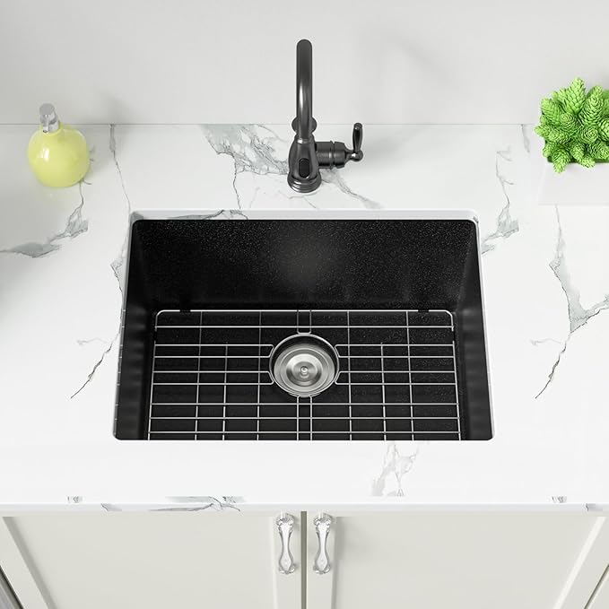 Sarlai Black 24 Inch Undermount Laundry Sink Granite Composite - 12 Inch Deep Utility Laundry Sink 24x18 Matte Black Granite Kitchen Sinks Undermount Quartz Classic Under Counter Single Bowl Basin