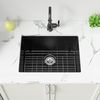 Sarlai Black 24 Inch Undermount Laundry Sink Granite Composite - 12 Inch Deep Utility Laundry Sink 24x18 Matte Black Granite Kitchen Sinks Undermount Quartz Classic Under Counter Single Bowl Basin