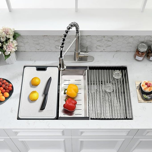 WHaor 30 Inch Undermount Kitchen Sink, 30x19 Stainless Steel Single Bowl Workstation 16 Gauge Handmade 10" Deep Modern Under Counter Sink with Accessories