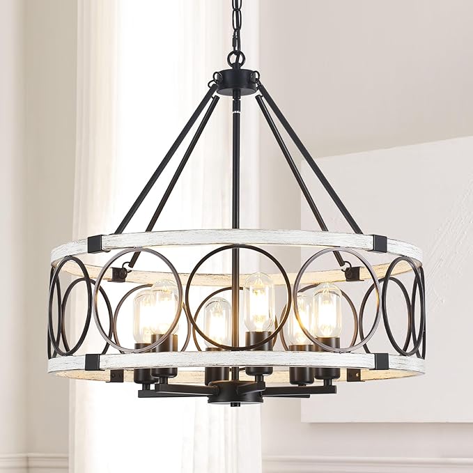 Rustic Farmhouse Chandelier 6 Light, Dining Room Light Fixtures Over Table, Hanging Farmhouse Light Fixture Round Chandelier for Kitchen Island Entryway Foyer Bedroom-Black & White Oak
