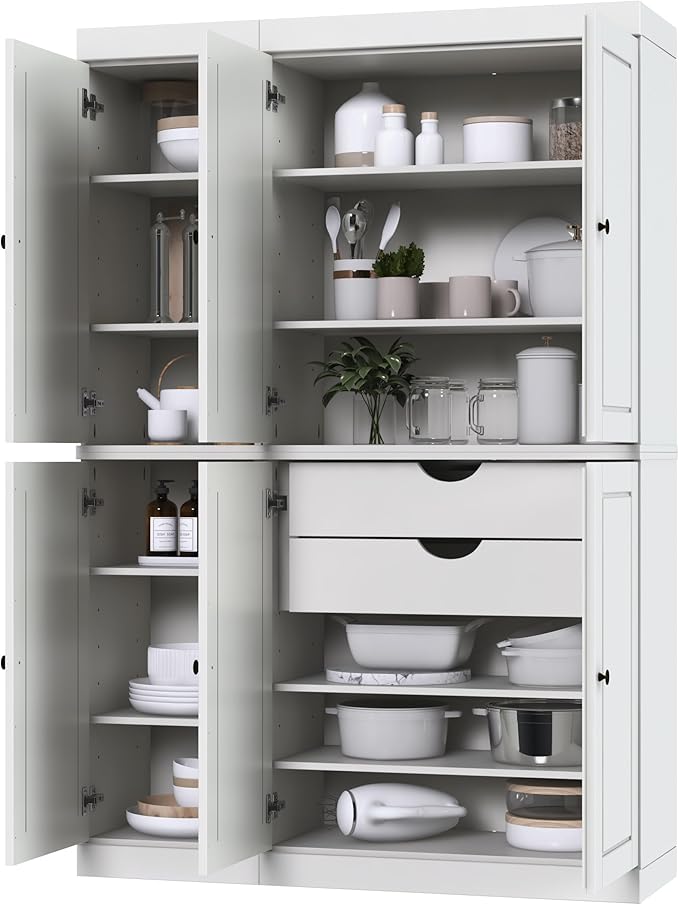 Palace Imports Solid Wood Kitchen Pantry Cabinet - 71.5" Tall x 48.5" Wide - Freestanding Storage Pantry w/ 2-Drawer Kit & Adjustable Shelves - White, Renewable Eco-Friendly 100% Wood, Made in Brazil