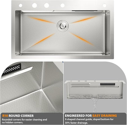 Mocoloo 33 Inch Honeycomb Waterfall Kitchen Sink Drop in, 33x19 Inch Stainless Steel Workstation Sink 16 Gauge Topmount Single Bowl Sink with Complete Kit