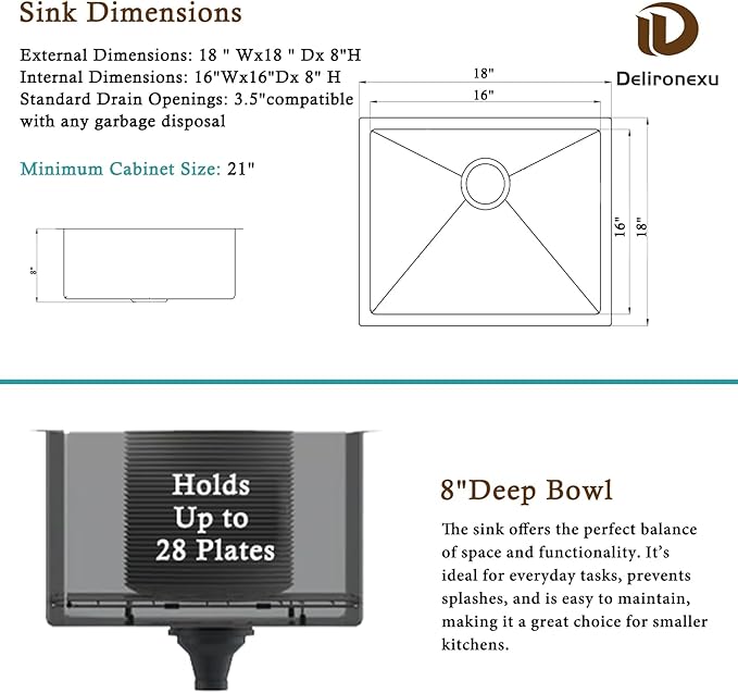 18 Inch Undermount Bar Sink – Delironexu 18 Gauge Stainless Steel Bar Sink, 18x18x8 Small Kitchen Sink with Brushed Finish, Wet Bar Sink Undermount for RV, Outdoor, and Prep Use
