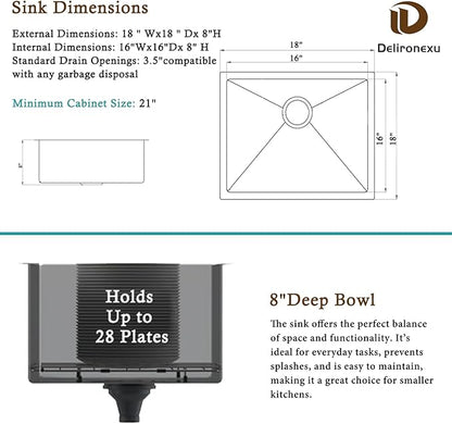 18 Inch Undermount Bar Sink – Delironexu 18 Gauge Stainless Steel Bar Sink, 18x18x8 Small Kitchen Sink with Brushed Finish, Wet Bar Sink Undermount for RV, Outdoor, and Prep Use