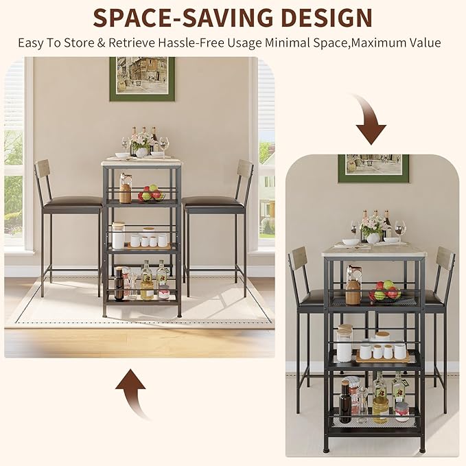 3-Piece Modern Dining Set, Dining Table Set with 2 Upholstered Bar Stools,Bar Table Set w/ Metal Frame&Built-in Wine Rack for Kitchen Dining Room Apartment Breakfast Nook 36"Lx 16.7"W x 37.2"H Gray