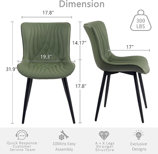 Kidol & Shellder Dining Chairs Set of 2, Mid Century Modern Kitchen Chairs with Black Metel Legs, PU Leather Upholstered Side Chair for Dining Room, Living Room, Lounge, Restaurant, Bean Green
