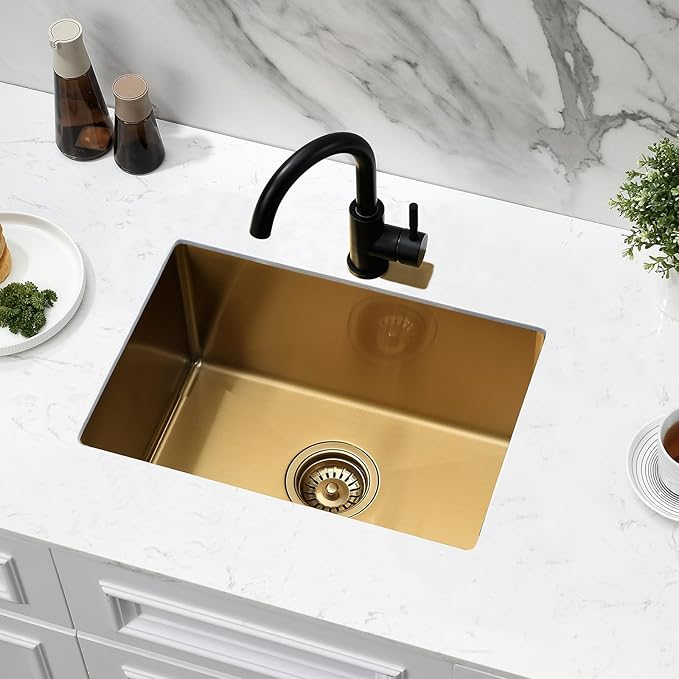 Gold Undermount Kitchen Sink, 22x16 Gold Kitchen Sink Undermount Utility Sinks Stainless Steel 18 Gauge Single Bowl Wet Bar Sinks with Basket Strainer