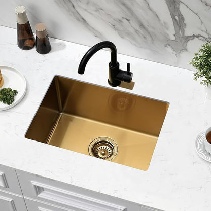 Gold Undermount Kitchen Sink, 22x16 Gold Kitchen Sink Undermount Utility Sinks Stainless Steel 18 Gauge Single Bowl Wet Bar Sinks with Basket Strainer