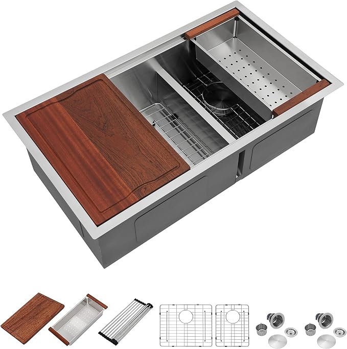 Dcolora 36 In. Undermount Double Bowl Kitchen Sink, 60/40 Low Divide Workstation, 16 Gauge 304 Stainless Steel Sink, 36" x 19" x 10" #DC-U7739