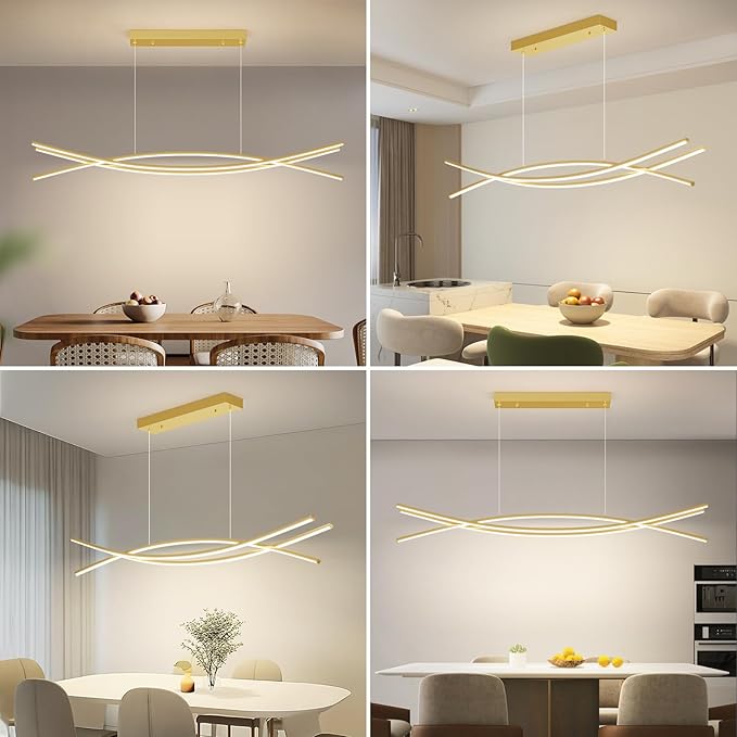 Modern Ceiling Chandelier Light, 47IN Gold Pendant Light Fixtures with Remote Control 3000k-6500K Adjustable Color Temperature, Aluminum Island Lighting Lamp for Dining Room, Living Room, Island