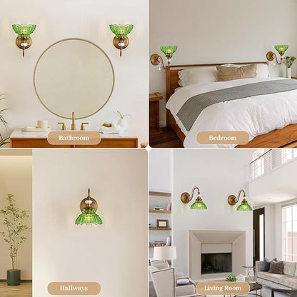 1 Piece Vintage Wall Sconce, 1-Light Matte Antique Brass Finish Wall Sconce with Hanging Crystal Accents and Flower-Shaped Green Shades for Bathroom Bedroom Living Room,Vintage Vanity Light