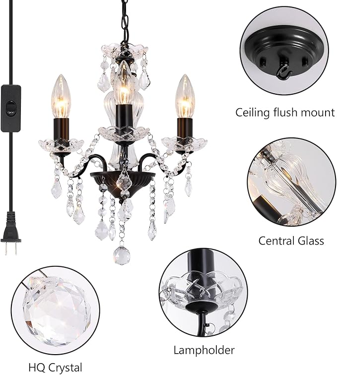 Plug in Chandelier with Glass Crystals, 3-Light Black Miniature Crystal Chandelier, Modern Antique Pendant Light for Small Spaces, Bedroom Kitchen Island Entryway Covered Patio, E12 Base